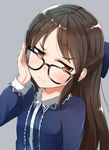  adjusting_eyewear bespectacled black-framed_eyewear black_hair blue_bow blush bow brown_eyes closed_mouth comah commentary face frown furrowed_eyebrows glasses hair_bow half_updo head_tilt idolmaster idolmaster_cinderella_girls idolmaster_cinderella_girls_starlight_stage long_hair long_sleeves looking_over_eyewear looking_to_the_side simple_background solo tachibana_arisu upper_body wavy_mouth 