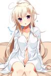  ahoge breasts cleavage long_hair looking_at_viewer medium_breasts messy_hair mizuki-chan_(sasahara_wakaba) navel original purple_eyes sasahara_wakaba solo translated white_hair 