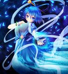  bangle blue_dress blue_eyes blue_hair blush bracelet breasts closed_mouth dress floral_print flower hair_ornament hair_rings hair_stick jewelry kaku_seiga large_breasts looking_at_viewer no_bra outstretched_arm petals see-through shawl smile solo star starry_background touhou wrist_cuffs z.o.b 