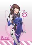  ;d absurdres bad_id bad_pixiv_id bodysuit breasts brown_eyes brown_hair character_name covered_navel covered_nipples d.va_(overwatch) facial_mark gun handgun highres long_hair medium_breasts one_eye_closed open_mouth overwatch pistol sanyuejiuri smile solo taut_clothes weapon whisker_markings 