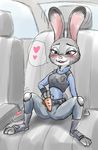  2016 anthro anus armpits blush buckteeth butt butt_grab clothed clothing disney female fur half-closed_eyes hand_on_butt hi_res judy_hopps lagomorph looking_back mammal open_mouth purple_eyes pussy rabbit rear_view spread_butt spreading teeth topless zootopia 