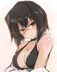  bare_shoulders bikini bikini_top black_bikini black_hair blush breasts brown_eyes choker cleavage cowboy_shot frown girls_und_panzer kawashima_momo large_breasts looking_at_viewer monocle short_hair sketch solo sweatdrop swimsuit undressing yumesato_makura 