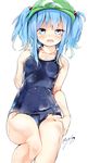  arm_at_side bad_id bad_pixiv_id bare_shoulders blue_hair blue_swimsuit blush breasts covered_navel eyebrows eyebrows_visible_through_hair green_hat hair_bobbles hair_ornament hand_on_own_thigh hat highres kawashiro_nitori looking_at_viewer maremay0513 medium_breasts one-piece_swimsuit open_mouth school_swimsuit shiny shiny_clothes sidelocks signature simple_background skin_tight solo swimsuit touhou two_side_up water_drop wet wet_clothes white_background 