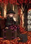  autumn_leaves bench black_bow black_hat boots bow brown_footwear brown_hair capelet cat closed_mouth cross-laced_footwear cup dress gate hair_between_eyes hat holding holding_cup light long_hair original outdoors pink_dress pink_eyes plaid plaid_dress sitting smile solo suitcase tozaki_makoto window 