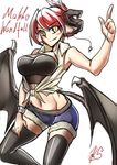  alternate_costume black_legwear breasts cleavage demon_horns demon_wings folded_ponytail fur_trim head_wings horns koakuma large_breasts long_hair midriff navel red_hair ryuuno_stadtfeld shirt short_shorts shorts signature sketch sleeveless sleeveless_shirt smirk solo thighhighs tied_shirt touhou wings yellow_eyes 