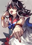  akanbe berabou black_hair bracelet foreshortening highres horns jewelry kijin_seija looking_at_viewer middle_finger multicolored_hair nail_polish pointy_ears red_eyes red_hair red_nails shaded_face short_sleeves solo streaked_hair tongue tongue_out touhou upper_body white_hair 