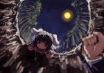  :3 animal_ears bamboo bamboo_forest berabou black_hair blurry bunny_ears carrot depth_of_field floppy_ears forest from_below full_moon hands inaba_tewi jewelry long_sleeves moon nature necklace night night_sky out_of_frame pendant pitfall red_eyes reisen_udongein_inaba short_hair sky smile solo_focus touhou 