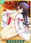  black_hair bottomless breasts card_(medium) cherry_blossoms cleavage collarbone flower grisaia_(series) grisaia_no_kajitsu hair_ornament large_breasts long_hair looking_at_viewer navel open_clothes purple_eyes sakaki_yumiko sitting socks solo white_legwear 