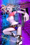  1girl baseball_bat batman_(series) boots breasts dc_comics fang fishnet_pantyhose fishnets harley_quinn high_heel_boots high_heels lipstick makeup short_shorts shorts suicide_squad twintails 