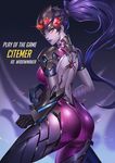  artstation_sample ass backless_outfit bodysuit character_name citemer head_mounted_display image_sample lipstick looking_at_viewer looking_back makeup overwatch pink_bodysuit play_of_the_game ponytail purple_hair purple_skin solo visor widowmaker_(overwatch) yellow_eyes 