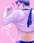  1boy ace_of_diamond looking_at_viewer male_focus necktie shirt_lift solo undressing 