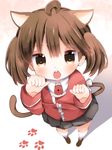  ahoge animal_ears bad_id bad_nicoseiga_id black_skirt brown_eyes brown_hair chestnut_mouth commentary_request japanese_clothes kantai_collection kariginu kemonomimi_mode long_sleeves magatama mugichoko_(mugi_no_choko) no_hat no_headwear open_mouth paw_pose paw_print pleated_skirt ryuujou_(kantai_collection) shadow short_hair simple_background skirt solo tail twintails valentine 