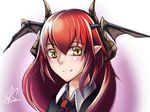  blush closed_mouth demon_horns head_wings highres horns koakuma long_hair necktie pointy_ears portrait red_hair ryuuno_stadtfeld signature smile solo touhou yellow_eyes 