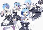  :d ;d blue_eyes blue_hair breasts character_sheet cleavage detached_sleeves gyaku_tsubasa hair_over_one_eye holding holding_weapon looking_at_viewer maid maid_headdress medium_breasts multiple_views one_eye_closed open_mouth re:zero_kara_hajimeru_isekai_seikatsu rem_(re:zero) short_hair simple_background smile teeth weapon white_background white_legwear 