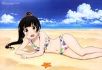  :d absurdres amayadori_machi beach bikini black_hair blush brown_eyes cloud crab_hair_ornament day flat_chest floral_print front-tie_top highres ishikawa_taketomo kumamiko legs long_hair lying magazine_scan megami navel non-web_source ocean official_art on_side open_mouth outdoors ponytail scan sky smile solo starfish swimsuit water 