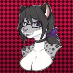  anthro blue_eyes bow breasts collar eyewear feline female frionella glasses grey_hair hair kanine leopard mammal simple_background snow_leopard solo 