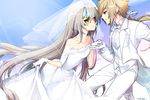 1girl artist_name bangs bare_shoulders blonde_hair blue_eyes blue_sky blush bow bowtie breasts bridal_gauntlets bridal_veil bride chung_seiker code:_battle_seraph_(elsword) collarbone collared_shirt couple day dress dress_shirt elsword eve_(elsword) eye_contact eyelashes floating_hair forehead_jewel formal from_side gem gloves grey_hair hair_between_eyes hetero holding_hand jacket kuroshio_maki lace lace-trimmed_dress lace-trimmed_gloves leaning_forward lens_flare light_particles light_rays long_hair long_sleeves looking_at_another low_ponytail off-shoulder_dress off_shoulder pants parted_lips profile ribbon see-through shirt sidelocks skirt_hold sky small_breasts standing tactical_trooper_(elsword) tailcoat tiara tuxedo veil very_long_hair wedding wedding_dress white_bow white_dress white_gloves white_hair white_jacket white_neckwear white_pants white_ribbon white_shirt yellow_eyes 