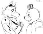  animated animatronic atlas-white bear blush bow_tie canine clothing dialogue embracing eye_patch eyewear five_nights_at_freddy&#039;s foxy_(fnaf) freddy_(fnaf) hat holding_(disambiguation) hook kissing machine male male/male mammal metal robot scar shocked surprise video_games 
