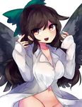  bow breasts brown_hair hair_bow highres large_breasts long_hair long_sleeves mikomo0106 naked_shirt red_eyes reiuji_utsuho shirt smile touhou white_shirt wings 