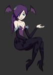  1girl bat_print bat_wings blue_eyes breasts capcom cleavage cosplay drill_hair head_wings high_heel_boots lilith_aensland lilith_aensland_(cosplay) long_hair pantyhose print_legwear purple_hair solo vampire_(game) wings zone-tan 