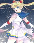  :d bishoujo_senshi_sailor_moon blonde_hair blue_eyes blue_sailor_collar bow circlet cowboy_shot elbow_gloves floating_hair gloves hair_ornament hairclip hiki-wota lavender_bow long_hair looking_at_viewer looking_back multicolored multicolored_clothes multicolored_skirt open_mouth sailor_collar sailor_moon sailor_senshi_uniform see-through skirt smile solo super_sailor_moon tsukino_usagi twintails white_gloves white_skirt 