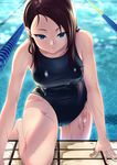  3: blue_eyes breasts brown_hair competition_swimsuit forehead highres lane_line long_hair looking_at_viewer medium_breasts one-piece_swimsuit original pool poolside reflection shiny shiny_clothes solo swimsuit toumin wet wet_clothes wet_swimsuit 