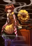  apron arm_support bell berabou book book_stack checkered checkered_shirt desk hair_bell hair_ornament highres japanese_clothes jingle_bell kimono looking_at_viewer motoori_kosuzu on_desk phonograph red_eyes red_hair shirt short_hair sitting sitting_on_desk smile smoke solo touhou two_side_up wide_sleeves 