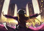  berabou blonde_hair bloom bow cityscape dress from_behind hat juliet_sleeves long_hair long_sleeves maribel_hearn mob_cap night night_sky outstretched_arms puffy_sleeves purple_dress sash sky solo star_(sky) starry_sky touhou upper_body white_bow 