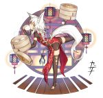  1girl animal_ears balancing bamboo_steamer baozi bike_shorts black_legwear bow braid carrying china_dress chinese_clothes detached_sleeves dress eating food full_body hair_bow highres kazana_(sakuto) lantern long_hair original saku_(kazana) simple_background solo standing standing_on_one_leg steam stirrup_legwear tail thighhighs toeless_legwear very_long_hair white_background white_hair wolf_ears wolf_tail yellow_eyes 