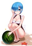  adapted_costume adjusting_hair ankkoyom artist_name bad_id bad_pixiv_id bangs bare_legs black_swimsuit blue_eyes blue_hair blunt_bangs bow breasts cleavage closed_mouth collarbone food fruit full_body hair_ornament hair_over_one_eye hairclip highres legs_together looking_at_viewer maid_swimsuit medium_breasts no_socks one-piece_swimsuit re:zero_kara_hajimeru_isekai_seikatsu rem_(re:zero) ribbon-trimmed_swimsuit ribbon_trim sandals short_hair simple_background smile solo squatting starfish swimsuit watermelon white_background white_bow x_hair_ornament 