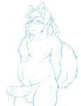  2016 absurd_res anthro balls blue_and_white canine digital_media_(artwork) dog erection fur hand_behind_back hi_res humanoid_penis male mammal monochrome navel nipples nude partially_retracted_foreskin penis precum pubes redrusker shy simple_background sketch slightly_chubby solo standing uncut 