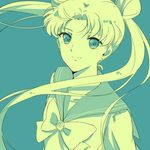  aqua aqua_background bangs bishoujo_senshi_sailor_moon blue_eyes bow floating_hair hiki-wota juuban_middle_school_uniform long_hair monochrome parted_bangs sailor_collar school_uniform serafuku solo tsukino_usagi upper_body 