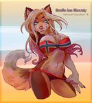  2016 alimika anthro areola armpits big_breasts bikini blue_background blue_eyes bra breasts brown_background brown_fur brown_hair canine clothed clothing ear_piercing english_text exposed_breasts facial_markings female fur gradie green_eyes hair half-closed_eyes heterochromia long_hair mammal markings multicolored_hair navel navel_piercing nipples piercing pink_hair pink_nipples pose raised_arm simple_background smile solo swimsuit teeth text two_tone_hair underwear undressing 