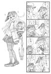  2girls 4koma akatsuki_(kantai_collection) anchor bangs bbb_(friskuser) clenched_hand clenched_hands closed_eyes comic commentary_request elbow_on_arm flying_sweatdrops from_side greyscale hand_on_own_chin hat heart hibiki_(kantai_collection) highres kantai_collection long_hair looking_at_viewer looking_back md5_mismatch monochrome multiple_girls neckerchief open_mouth overalls rigging school_uniform serafuku shoes short_hair sidelocks sleeves_past_wrists smile sparkle spoken_heart sweatdrop thighhighs translated 