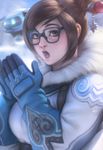 breath brown_hair fur_coat glasses hair_bun hair_ornament hair_stick highres looking_at_viewer mei_(overwatch) open_mouth overwatch solo stanley_lau 