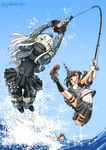  alternate_hair_color black_legwear blue_eyes blue_sky bottle brown_hair commentary_request covered_navel cropped_jacket day fishing fishing_line fishing_rod fubuki_(kantai_collection) garrison_cap green_eyes hair_ornament hairclip hat highres holding holding_fishing_rod i-401_(kantai_collection) jumping kantai_collection kneehighs long_hair long_sleeves looking_at_viewer low_ponytail machinery midriff military military_uniform multiple_girls navel ocean open_mouth outstretched_leg pantyhose parody pleated_skirt ponytail puffy_long_sleeves puffy_sleeves remodel_(kantai_collection) school_uniform serafuku short_ponytail short_sleeves skirt sky sogabe_toshinori sparkle thighhighs tsurikichi_sanpei twitter_username u-511_(kantai_collection) uniform water white_hair 