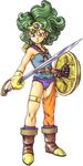  asymmetrical_legwear big_hair blue_eyes blue_leotard boots curly_hair dragon_quest dragon_quest_iv earrings full_body gloves green_hair heroine_(dq4) highres holding jewelry leotard looking_at_viewer official_art serious shield simple_background single_glove sleeveless slime_(dragon_quest) solo sword thigh_strap toriyama_akira weapon white_background 