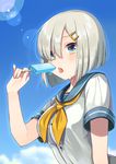  arched_back bad_id bad_pixiv_id blue_eyes blue_sky blush breasts buttons cloud day food hair_ornament hair_over_one_eye hairclip hamakaze_(kantai_collection) ice_cream kantai_collection large_breasts looking_at_viewer melting no_gloves popsicle school_uniform serafuku shigure_ui short_hair short_sleeves silver_hair sky solo sweat upper_body 