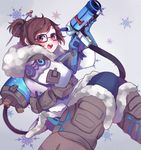  beads belt belt_pouch black-framed_eyewear blue_gloves blue_legwear boots brown_eyes brown_hair canister coat fur-trimmed_boots fur_boots fur_coat fur_trim glasses gloves gun hair_bun hair_ornament hair_stick highres holding holding_weapon hose kiri_itoguchi mei_(overwatch) open_mouth overwatch parka pouch short_hair smile snowflake_print solo utility_belt weapon winter_clothes winter_coat 
