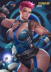  adapted_costume artstation_sample biceps citemer flexing image_sample looking_at_viewer muscle overwatch pink_hair pose scar smile solo tattoo undercut zarya_(overwatch) 