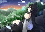  aliasing animal_ears black_hair blue_eyes clouds foxgirl hiro_masa long_hair original petals skirt sky sunset tail 