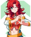  &gt;:) aqua_eyes bioroid_hei blush_stickers festenia_muse long_hair navel one_eye_closed red_hair smile solo super_robot_wars super_robot_wars_judgement super_robot_wars_original_generation suspenders upper_body v-shaped_eyebrows white_background 