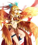  bare_shoulders blonde_hair genderswap genderswap_(mtf) hair_ornament long_hair midriff natsumoka navel orange_eyes otoko_no_ko outstretched_arm pointy_ears smile soccer_spirits solo vermilion_bird wings 