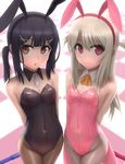  animal_ears arms_behind_back bare_shoulders black_hair black_leotard blush breasts brown_eyes bunny_ears bunny_girl bunnysuit commentary covered_navel detached_collar fake_animal_ears fate/kaleid_liner_prisma_illya fate_(series) hair_ornament hairclip highres illyasviel_von_einzbern leotard long_hair looking_at_viewer miyu_edelfelt multiple_girls open_mouth pantyhose pink_leotard red_eyes siraha small_breasts standing twintails white_hair 