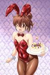  animal_ears birthday_cake bow bowtie brown_eyes brown_hair bunny_ears bunny_tail bunnysuit cake detached_collar food long_hair nyo one_eye_closed original pantyhose solo tail wrist_cuffs 