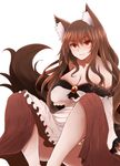  animal_ears arano_oki bare_shoulders breast_hold breasts brooch brown_hair cleavage dress highres imaizumi_kagerou jewelry large_breasts long_hair long_sleeves looking_at_viewer open_mouth red_eyes simple_background sitting smile solo tail touhou white_background wolf_ears wolf_tail 