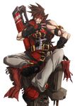  bare_shoulders belt blonde_hair boots brown_hair commentary_request fang fingerless_gloves gloves guilty_gear guilty_gear_xrd hand_on_thigh headband highres long_hair male_focus muscle ponytail red_eyes sitting sol_badguy solo sword teeth vandana weapon 