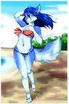 2016 anthro baings beach bikini breasts canine cleavage clothed clothing female fur green_eyes hair looking_at_viewer mammal navel open_mouth outside rai_(shadowblade945) sea seaside sky smile solo swimsuit water 