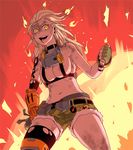  areola_slip areolae arm_tattoo bag bare_shoulders belt belt_pouch black_legwear blonde_hair breasts buckle canteen choker cowboy_shot explosion explosive fang fiery_hair fingerless_gloves fire genderswap genderswap_(mtf) gloves green_gloves groin junkrat_(overwatch) kannovaku large_breasts long_hair looking_at_viewer mechanical_arm midriff navel no_shirt open_mouth overwatch peg_leg pouch shards shorts skull_and_crossbones solo strap tattoo teeth thighhighs tongue tongue_out torn_clothes torn_legwear underboob yellow_eyes 