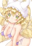  animal_ears bent_over bikini blonde_hair blush breast_hold breasts fox_ears fox_tail green_eyes hat looking_at_viewer mob_cap multiple_tails onomiya short_hair simple_background smile solo swimsuit tail touhou white_background yakumo_ran 